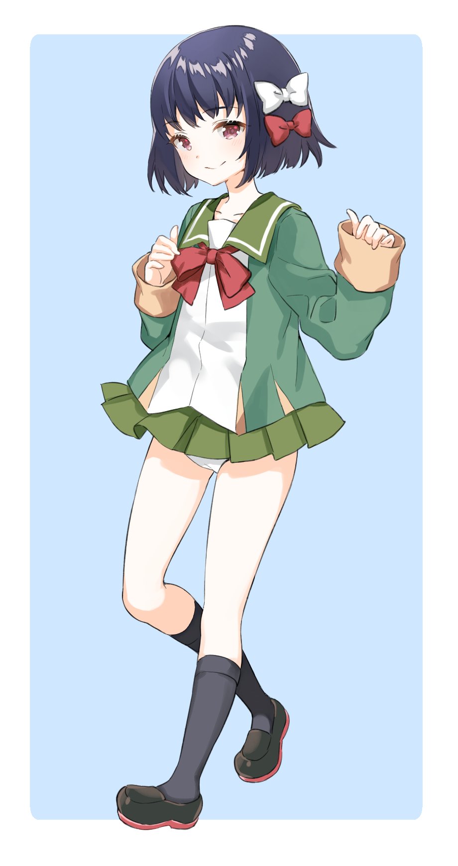 1girl, black_footwear, black_hair, black_legwear, blue_background, commentary_request, drawstring, full_body