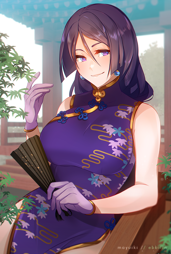 1girl, bangs, bare_shoulders, blush, breasts, china_dress, chinese_clothes, closed_mouth, dress, earrings, fan, fate/grand_order, fate_(series), floral_print, folding_fan, gloves, hair_between_eyes, heroic_spirit_traveling_outfit, jewelry, large_breasts, long_hair, looking_at_viewer, minamoto_no_raikou_(fate/grand_order), muki_(mayuiki), parted_bangs, pelvic_curtain, purple_dress, purple_gloves, purple_hair, side_slit, smile, solo, very_long_hair, violet_eyes