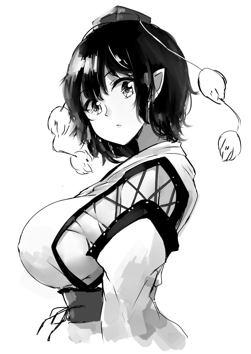 1girl, breasts, deetamu, detached_sleeves, greyscale, hat, highres, kourindou_tengu_costume