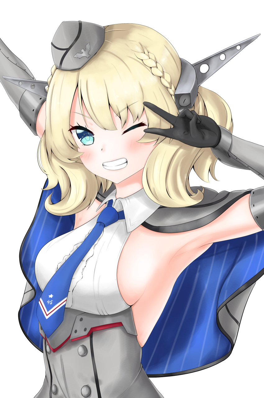 1girl, absurdres, arm_up, black_gloves, black_legwear, blonde_hair, blue_eyes, blue_neckwear