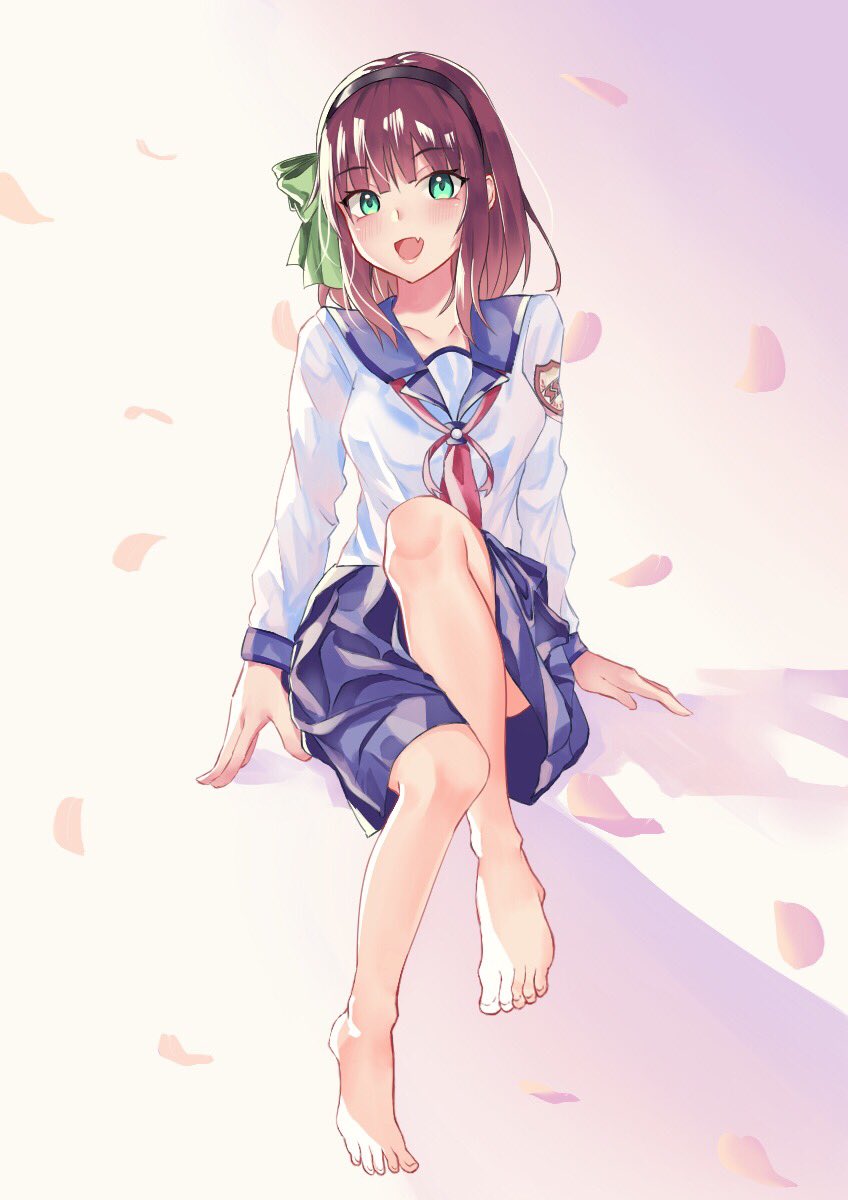 1girl, angel_beats!, barefoot, blue_sailor_collar, blue_skirt, bow, cherry_blossoms, furukawa_wanosuke