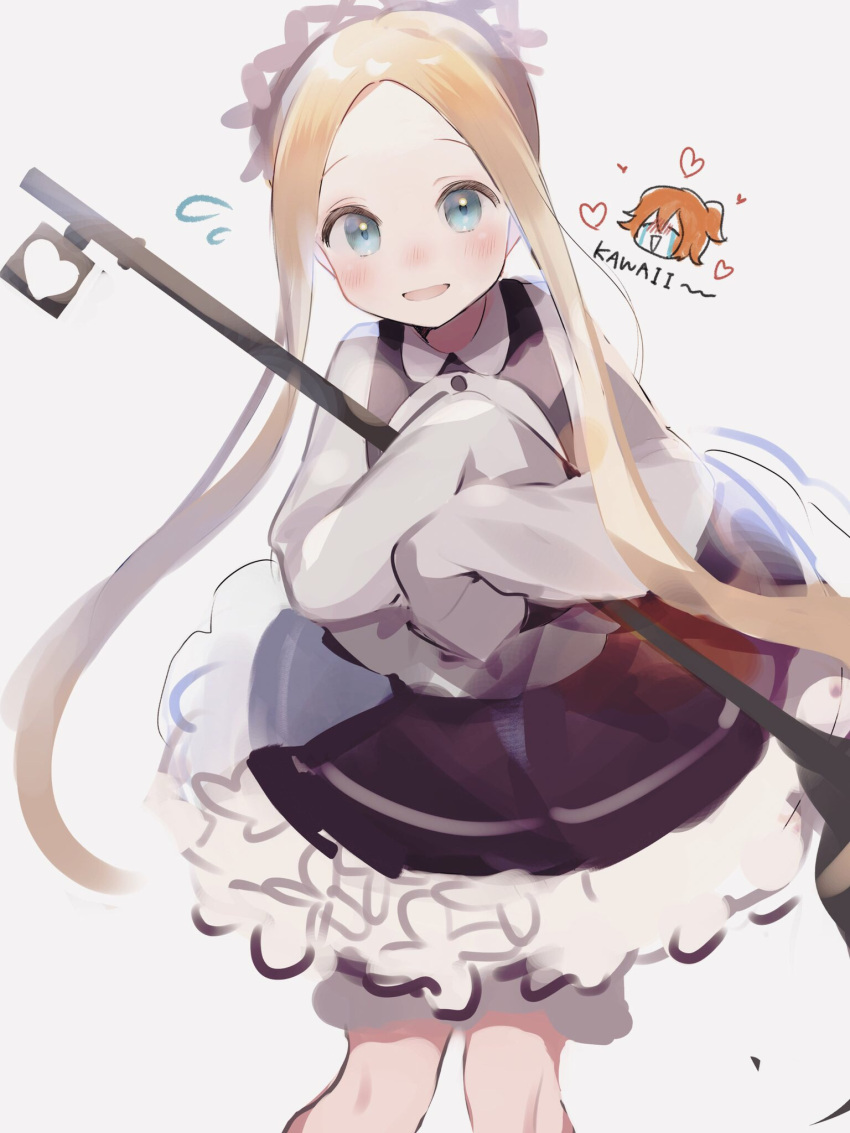 2girls, abigail_williams_(fate/grand_order), apron, bangs, black_skirt, blonde_hair, blue_eyes, butterfly_hair_ornament