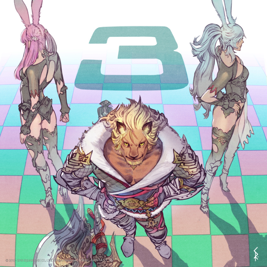 animal_ears, axe, blonde_hair, blue_hair, boots, final_fantasy, final_fantasy_xiv, gloves