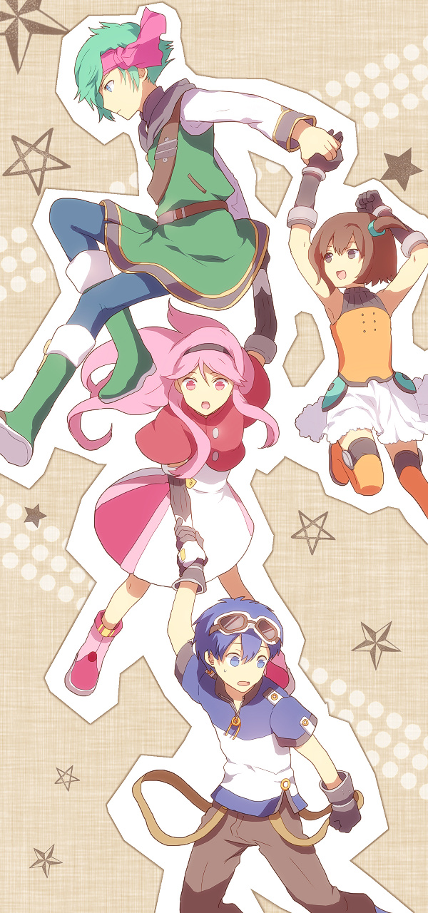 2boys, 2girls, aine_(hoshi_wo_miru_hito), blue_hair, boots, dress, fingerless_gloves, gloves