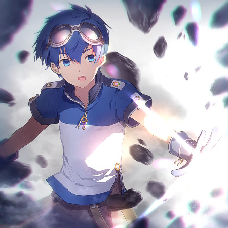 1boy, blue_eyes, blue_hair, gloves, goggles, goggles_on_head, hoshi_wo_miru_hito, lowres, minami_(hoshi_wo_miru_hito), open_mouth, short_hair, solo, sunakumo