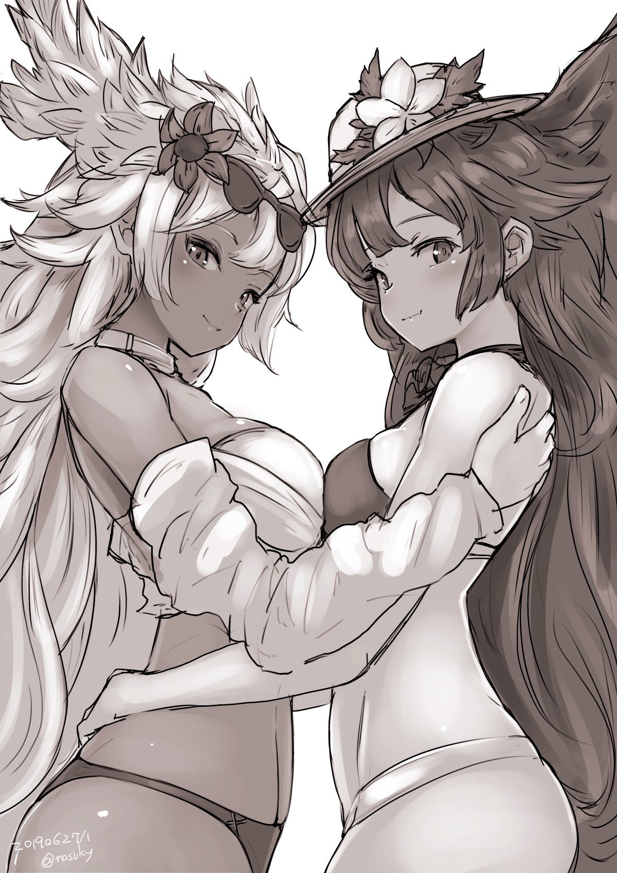 2girls, artist_name, bangs, bare_shoulders, bikini, breast_press, breasts, closed_mouth
