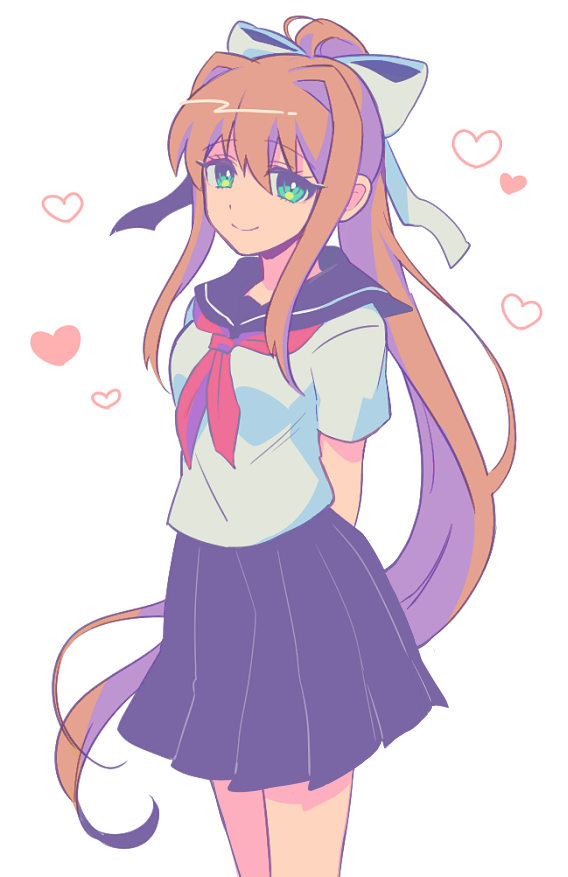1girl, arms_behind_back, bangs, bow, breasts, brown_hair, closed_mouth, commentary, cowboy_shot, doki_doki_literature_club, eyebrows_visible_through_hair, green_eyes, hair_between_eyes, hair_ornament, heart, long_hair, looking_at_viewer, monika_(doki_doki_literature_club), neckerchief, pleated_skirt, ponytail, red_neckwear, sailor_collar, sasakama_(sasagaki01), school_uniform, serafuku, shirt, short_sleeves, simple_background, skirt, smile, solo, standing, white_background, white_bow, white_shirt