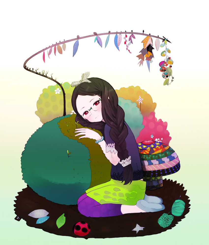 braid, brown_hair, fashion, felt, highres, kneeling, long_hair, original