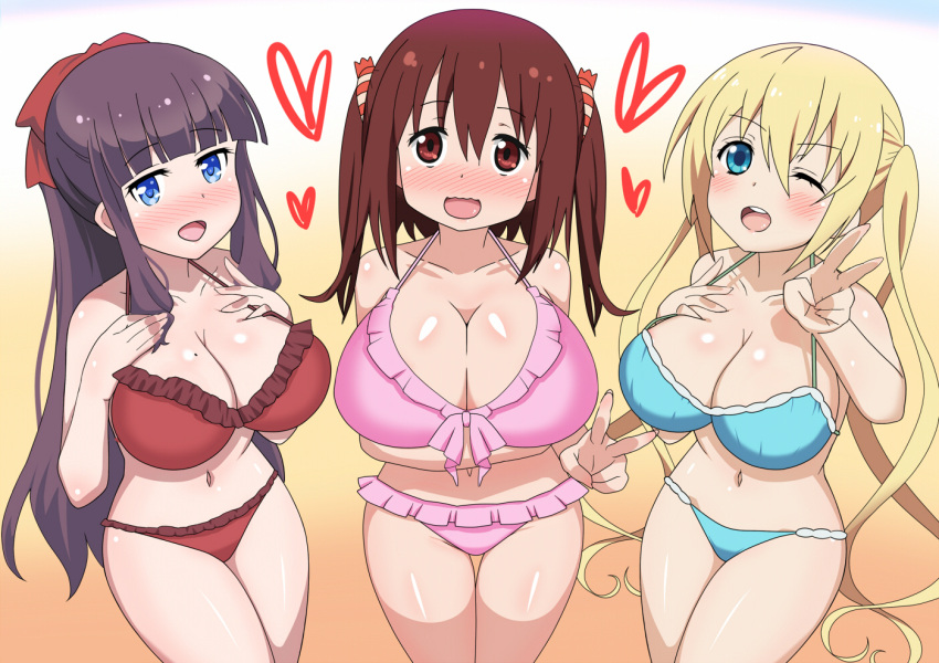 3girls, a-1_pictures, bangs, bare_shoulders, bikini, blend_s, blonde_hair, blue_background, blue_bikini, blue_eyes, blunt_bangs, blush, breasts, broadcaster_connection, brown_eyes, brown_hair, collarbone, crossover, cute, dandere, deep_skin, dogakobo, ebina_nana, embarrassed, eyebrows_visible_through_hair, foreshortening, frilled_bikini, frills, from_above, front-tie_bikini, front-tie_top, gradient, gradient_background, hair_between_eyes, hair_ribbon, hand_on_own_breast, hand_on_own_chest, heart, himouto!_umaru-chan, hinata_kaho, hobunsha, huge_breasts, kadokawa_shoten, kuudere, large_breasts, legs_together, long_hair, looking_at_viewer, medium_hair, mole, mole_on_breast, multicolored, multicolored_background, multiple_girls, navel, new_game!, nose_blush, one_eye_closed, open_mouth, oppai, orange_background, pink_bikini, publisher_connection, purple_hair, red_bikini, red_ribbon, ribbon, shiny, shiny_hair, shiny_skin, shiromina, shueisha, smile, standing, studio_connection, swimsuit, take_your_pick, takimoto_hifumi, thigh_gap, thighs, tokyo_mx, tongue, tsundere, tv_channel_connection, twintails, two_side_up, v, wavy_mouth, white_background, yellow_background