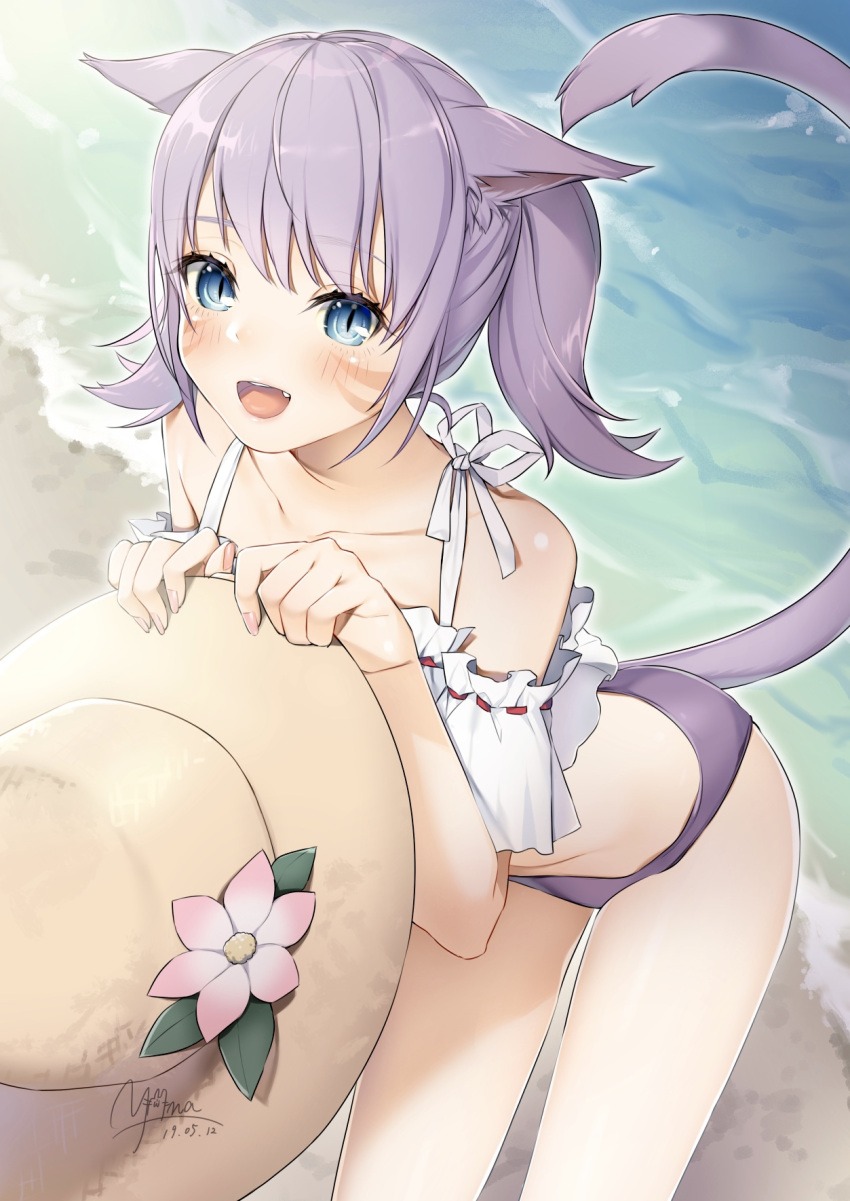 1girl, :d, animal_ears, beach, blue_eyes, cat_ears, cat_tail, collarbone, detached_sleeves, facial_mark, fang, final_fantasy, final_fantasy_xiv, flower, grey_bikini_bottom, hat, hat_flower, highres, holding, holding_hat, leaning_forward, medium_hair, miqo'te, open_mouth, pink_flower, ribbon, ribbon-trimmed_sleeves, ribbon_trim, short_sleeves, silver_hair, slit_pupils, smile, solo, standing, sun_hat, tail, twintails, white_ribbon, white_sleeves, yana_mori