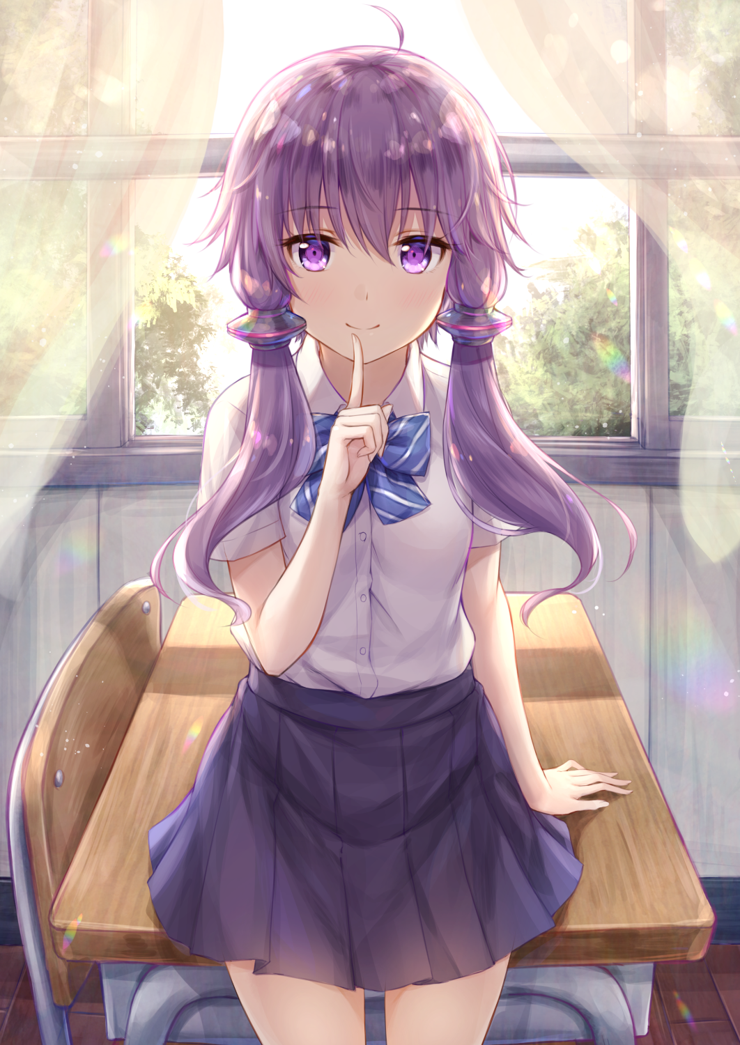 1girl, ahoge, alternate_costume, blouse, blue_neckwear, blue_skirt, bow, bowtie, classroom, coffee_tart, desk, finger_to_mouth, highres, indoors, looking_at_viewer, low_twintails, pleated_skirt, purple_hair, school_uniform, short_hair_with_long_locks, skirt, solo, twintails, violet_eyes, voiceroid, white_blouse, yuzuki_yukari