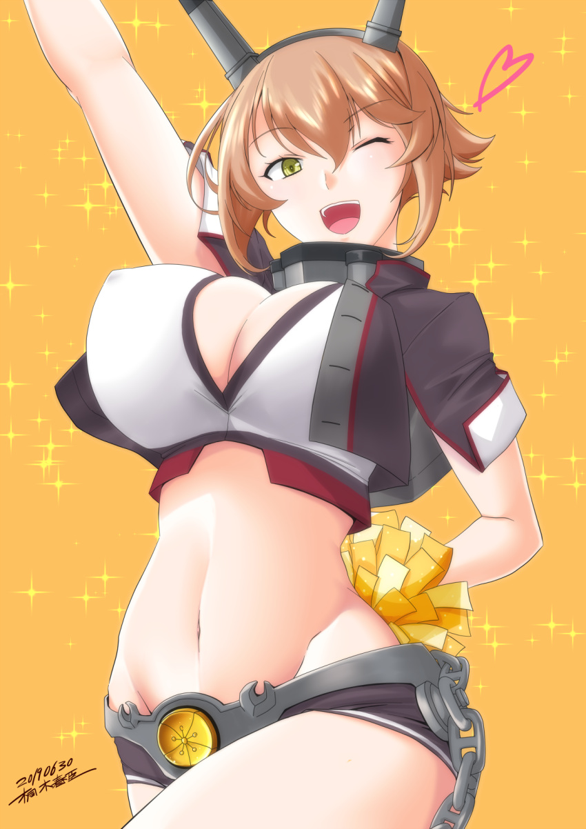 1girl, adapted_costume, arm_up, artist_name, black_skirt, breasts, brown_hair, chain