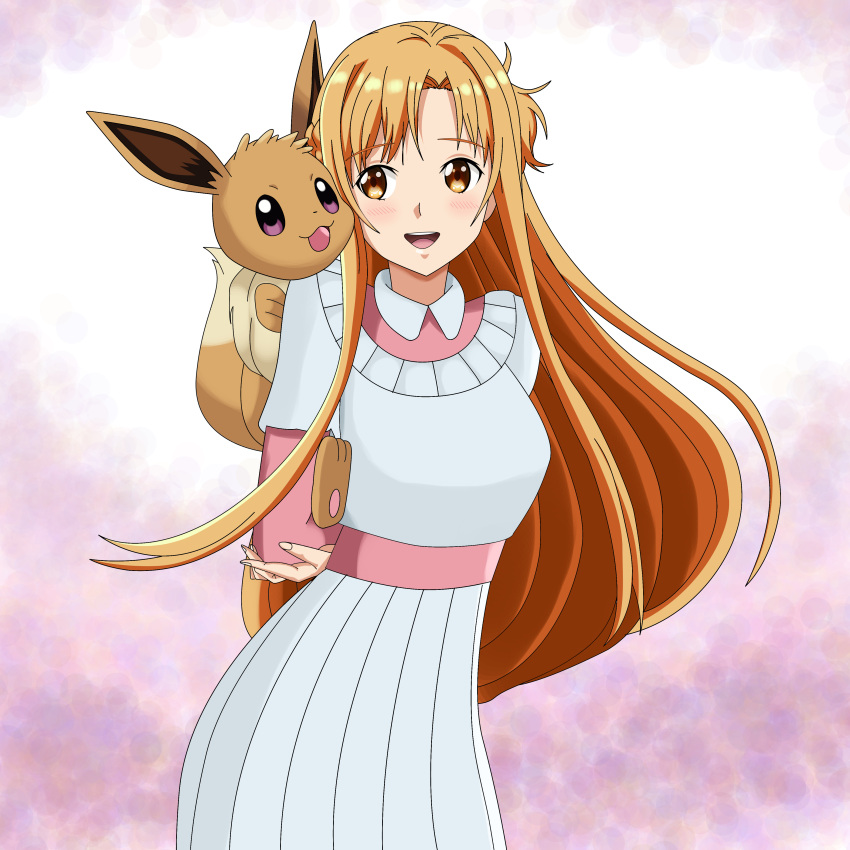 1girl, 1other, a-1_pictures, arms_behind_back, ascii_media_works, asuna_(sao), blush, brown_eyes, brown_hair, closed_eyes, creatures_(company), cute, deviantart, dress, eevee, evolution_(specie), game_freak, happy, hazel_eyes, long_hair, nintendo, olm_digital, open_mouth, piggyback, pink_dress, pokemon, pokemon_(anime), sincity2100, sword_art_online, tokyo_mx, tv_tokyo, white_dress, yuuki_asuna