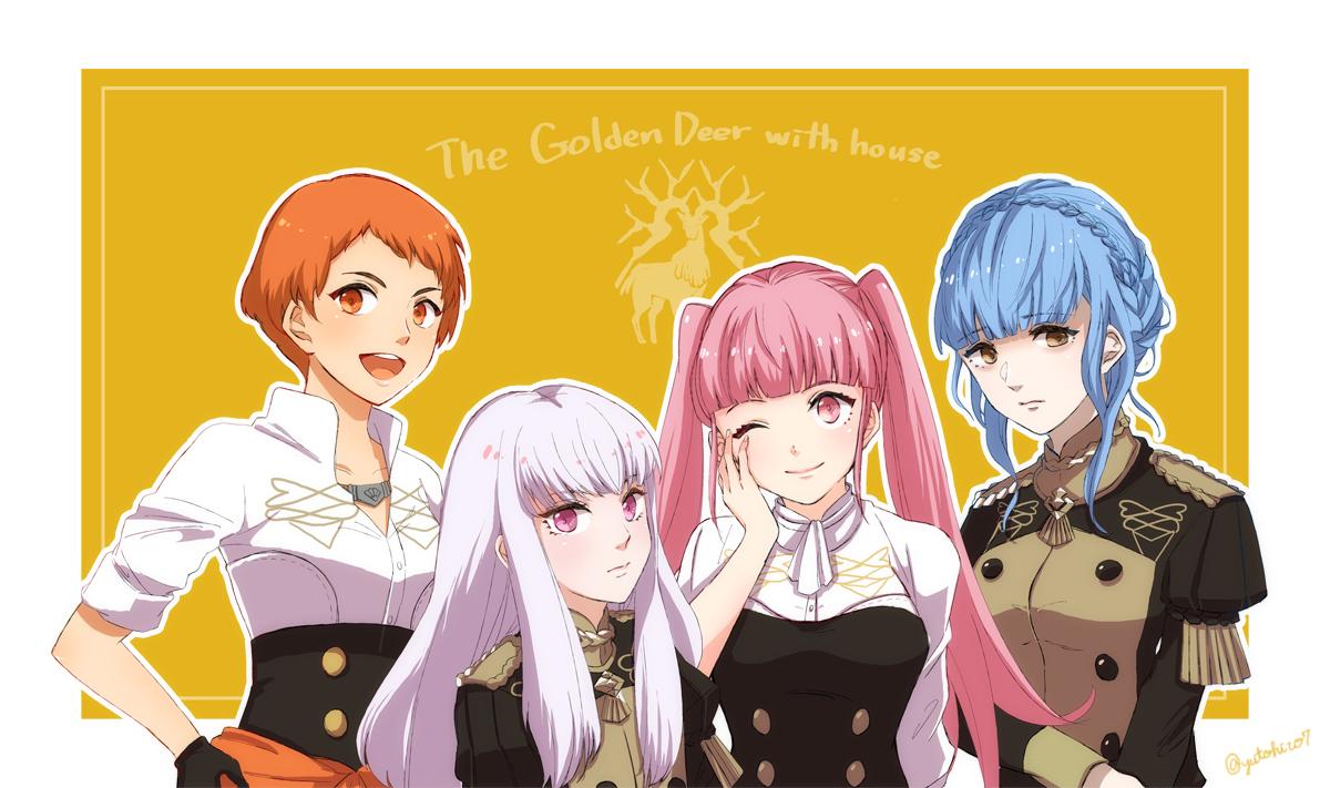 4girls, blue_hair, braid, brown_eyes, closed_mouth, crown_braid, fire_emblem, fire_emblem:_three_houses