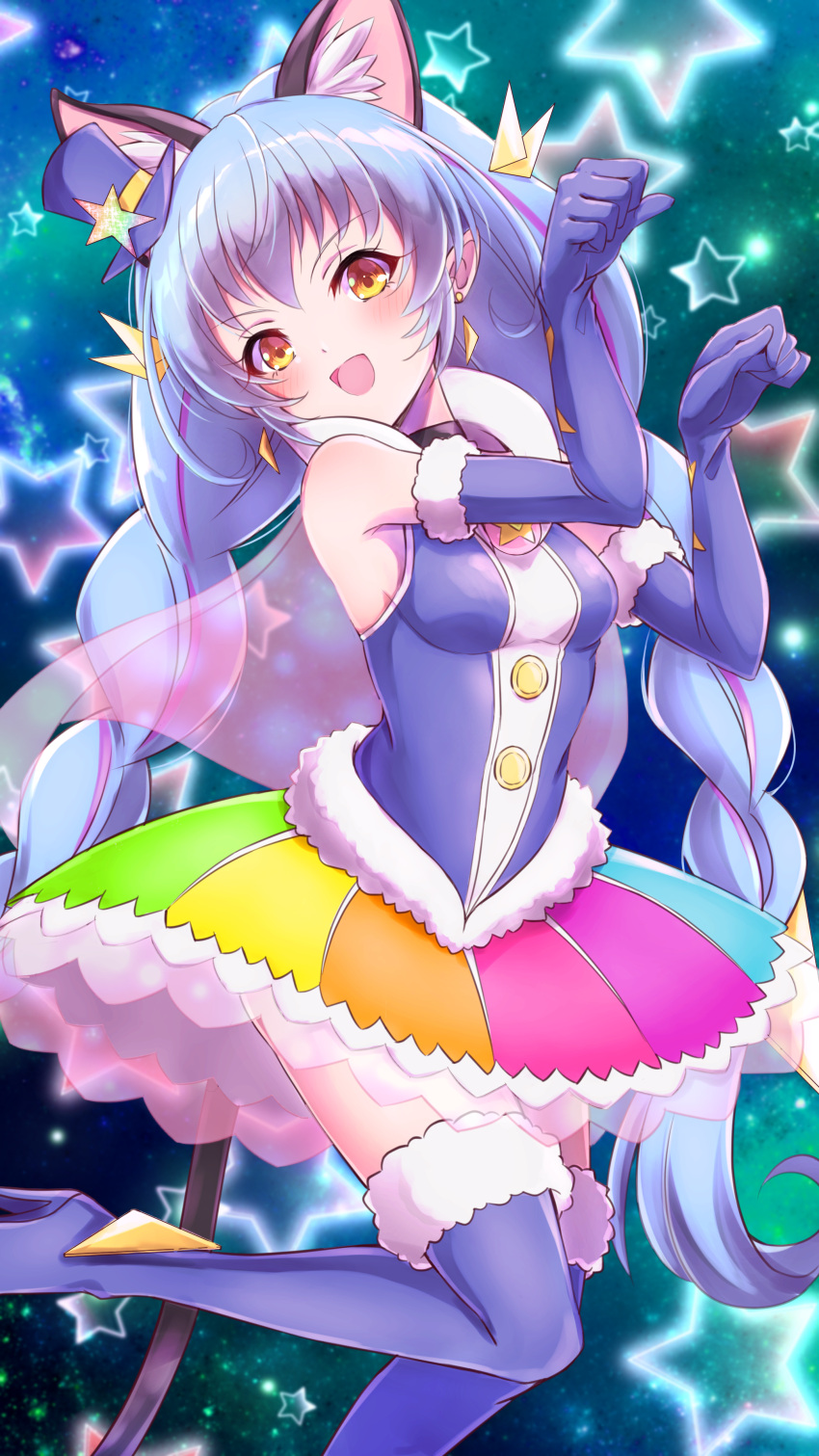 1girl, :d, absurdres, animal_ear_fluff, animal_ears, black_neckwear, blue_background, blue_footwear