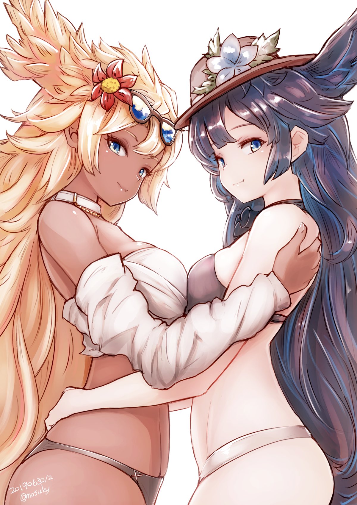 2girls, artist_name, bangs, bare_shoulders, bikini, black_hair, blonde_hair, breast_press