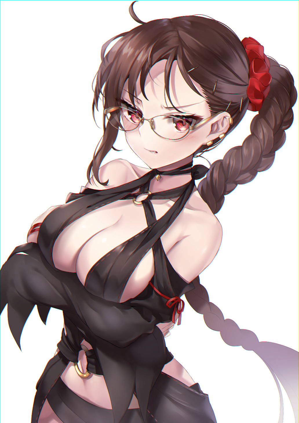 1girl, ahoge, bangs, bare_shoulders, black_dress, blush, braid, breasts