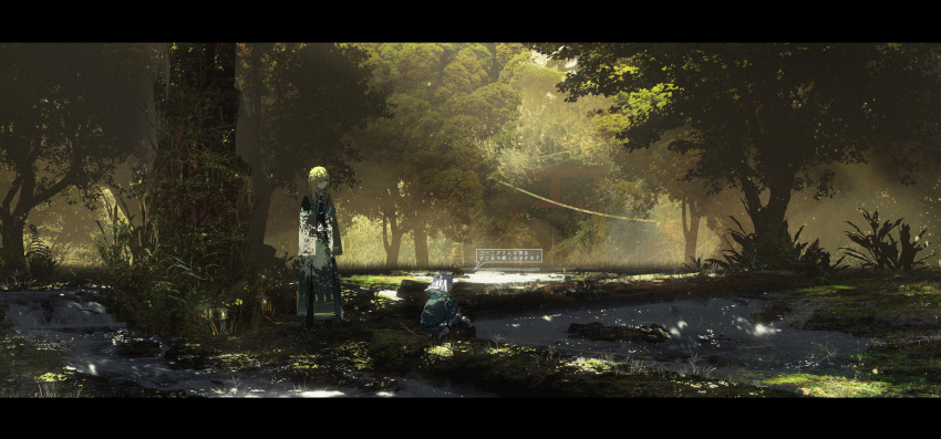 2girls, absurdres, asuteroid, blonde_hair, blue_eyes, cornea_(asuteroid), day, forest