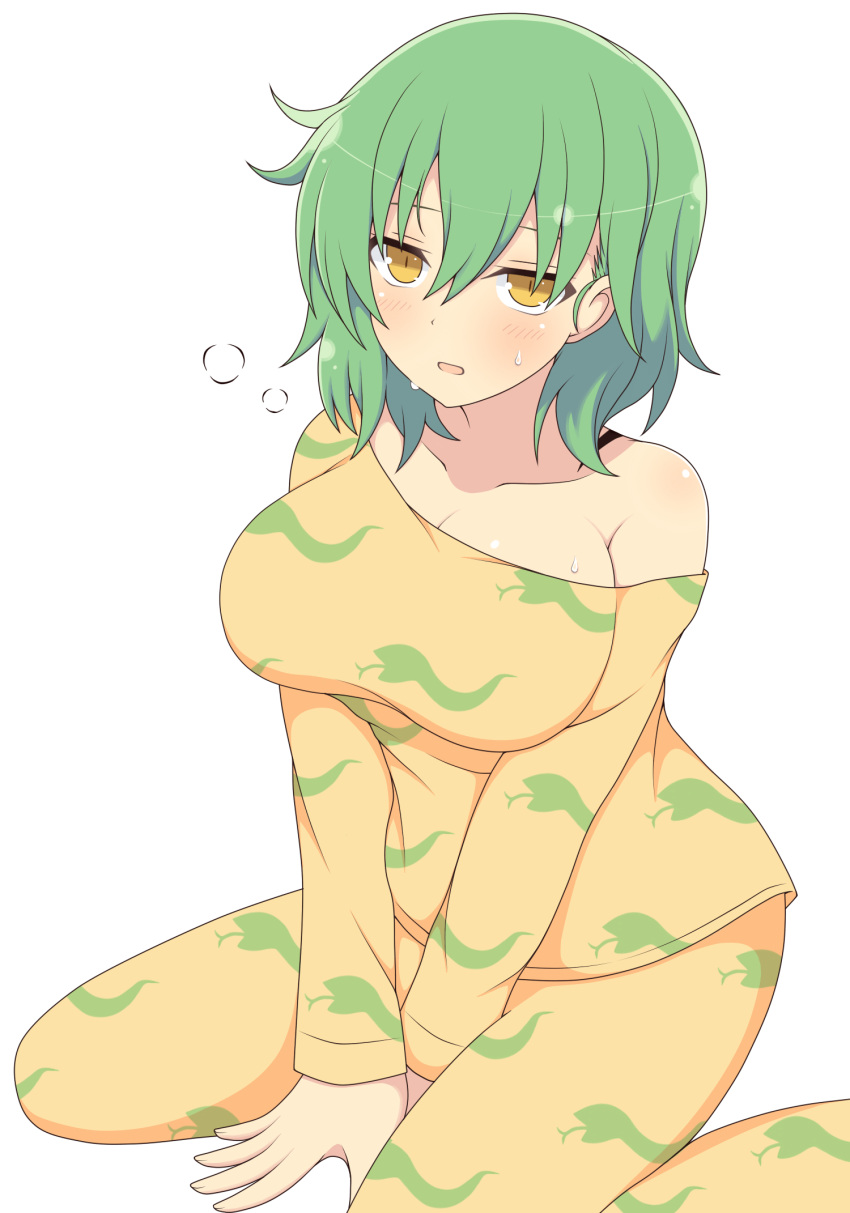 1girl, between_legs, blush, breasts, green_hair, hair_between_eyes, hand_between_legs, highres, hikage_(senran_kagura), ichiryuu_tsumiki, large_breasts, looking_at_viewer, off-shoulder_shirt, off_shoulder, open_mouth, senran_kagura, shiny, shiny_hair, shiny_skin, shirt, short_hair, simple_background, sitting, slit_pupils, snake_print, solo, sweat, tattoo, v_arms, wariza, white_background, yellow_eyes, yellow_pajamas