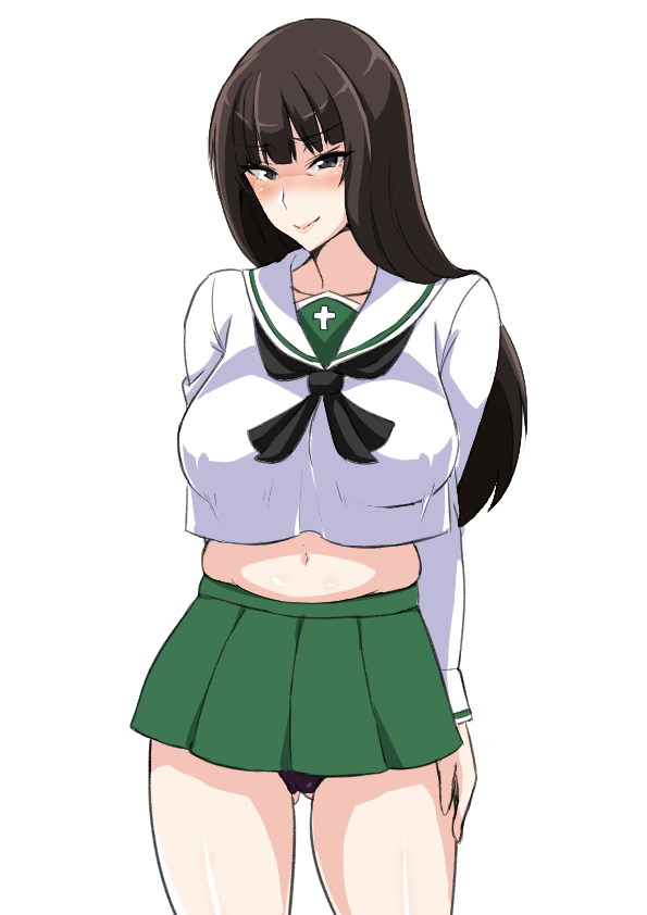 1girl, ass_visible_through_thighs, bangs, blunt_bangs, blush, breasts, brown_eyes, brown_hair