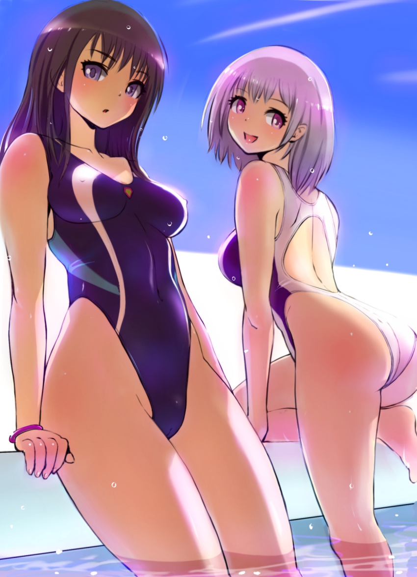 2girls, black_hair, blue_eyes, blue_sky, blue_swimsuit, breasts, collarbone, commentary_request, competition_swimsuit, condensation_trail, covered_navel, cowboy_shot, highleg, highleg_swimsuit, highres, lavender_hair, long_hair, looking_at_viewer, medium_breasts, multiple_girls, one-piece_swimsuit, onsen_tengoku, red_eyes, shinjou_akane, short_hair, sky, ssss.gridman, standing, swimsuit, takarada_rikka, white_swimsuit
