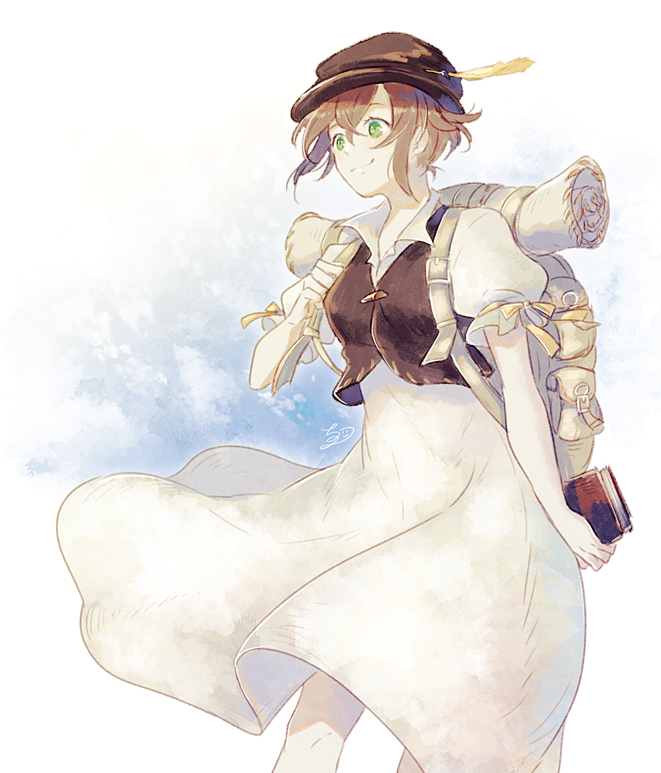 1girl, book, brown_hair, chizu_(fiute), dress, feathers, green_eyes, hat
