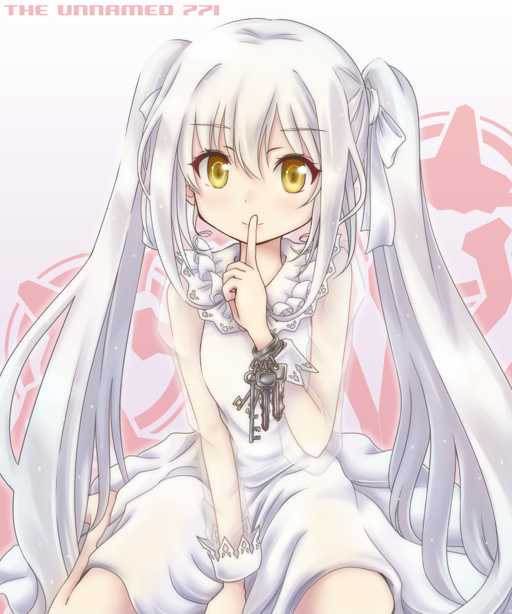 1girl, between_legs, bracelet, character_name, commentary_request, dress, eyebrows_visible_through_hair, finger_to_mouth