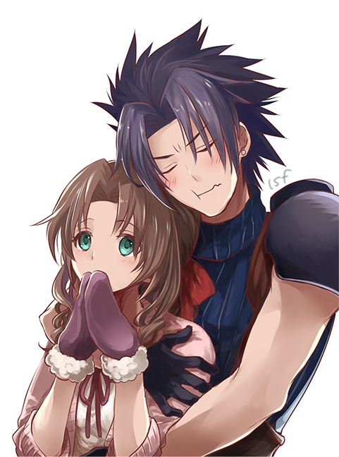 1boy, 1girl, aerith_gainsborough, black_hair, brown_hair, closed_eyes, closed_mouth, commentary_request