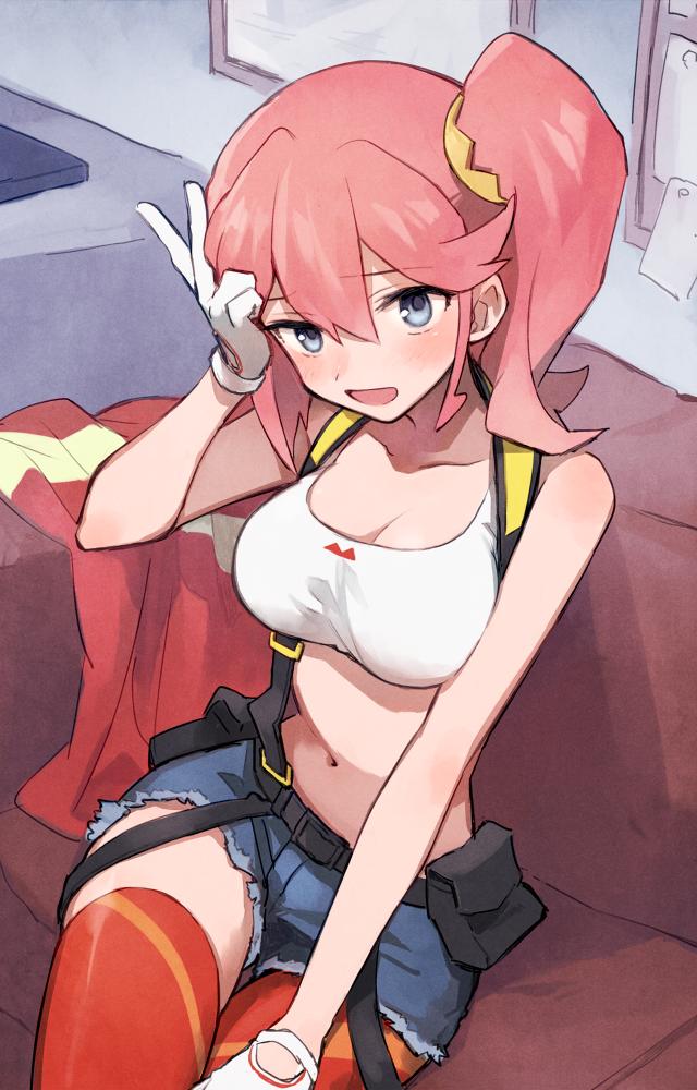 1girl, aina_ardebit, blue_eyes, gloves, looking_at_viewer, midriff, open_mouth, pink_hair