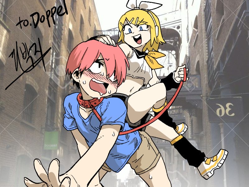 1boy, 1girl, all_fours, bags_under_eyes, blonde_hair, blue_eyes, bow, collar