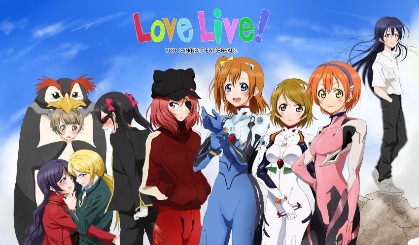 6+girls, ayanami_rei, ayanami_rei_(cosplay), ayase_eli, cosplay, crossdressinging, english_text, evangelion:_2.0_you_can_(not)_advance, highres, hoshizora_rin, ikari_gendou, ikari_gendou_(cosplay), ikari_shinji, ikari_shinji_(cosplay), katsuragi_misato, katsuragi_misato_(cosplay), koizumi_hanayo, kousaka_honoka, love_live!, love_live!_school_idol_project, makinami_mari_illustrious, minami_kotori, multiple_girls, nagisa_kaworu, nagisa_kaworu_(cosplay), neon_genesis_evangelion, nishikino_maki, parody, penpen, penpen_(cosplay), plugsuit, rebuild_of_evangelion, shogo_(4274732), sonoda_umi, toujou_nozomi, yazawa_nico