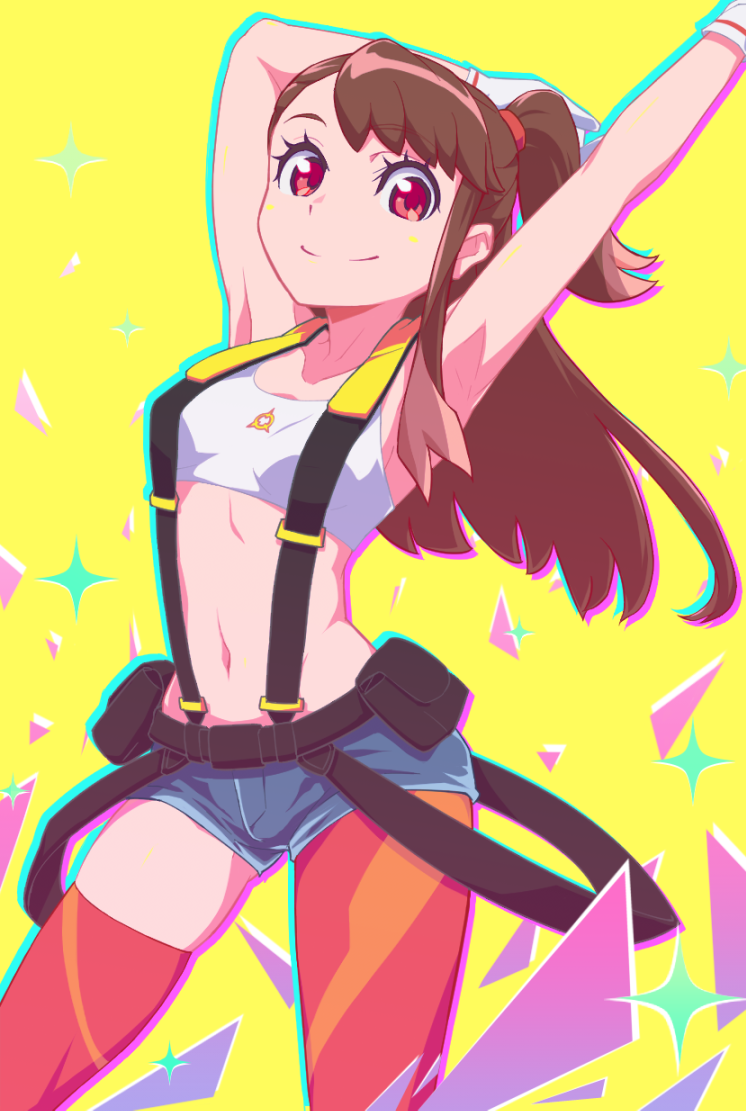 1girl, aina_ardebit, aina_ardebit_(cosplay), armpits, arms_up, asymmetrical_legwear, bangs, belt_pouch