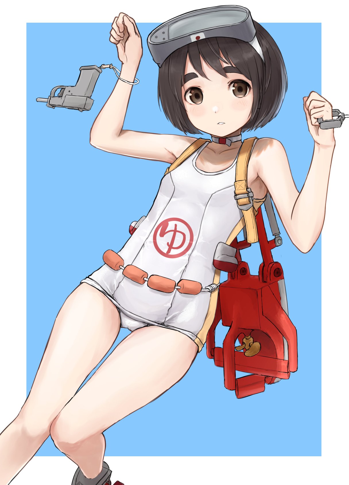 1girl, bangs, black_hair, blue_background, border, brown_eyes, cowboy_shot, diving_mask