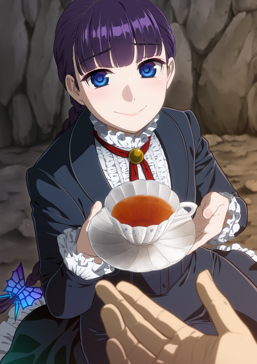 1girl, absurdres, bangs, black_dress, black_hair, blue_eyes, blunt_bangs, blurry_foreground