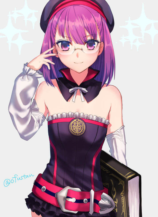 1girl, bare_shoulders, belt, beret, bespectacled, book, bow, closed_mouth