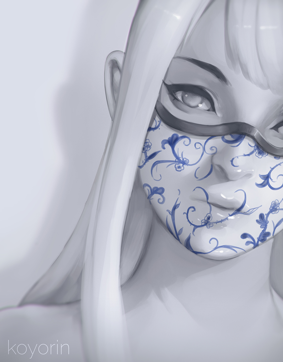 1girl, close-up, commentary, english_commentary, face, facepaint, grey_eyes, koyorin