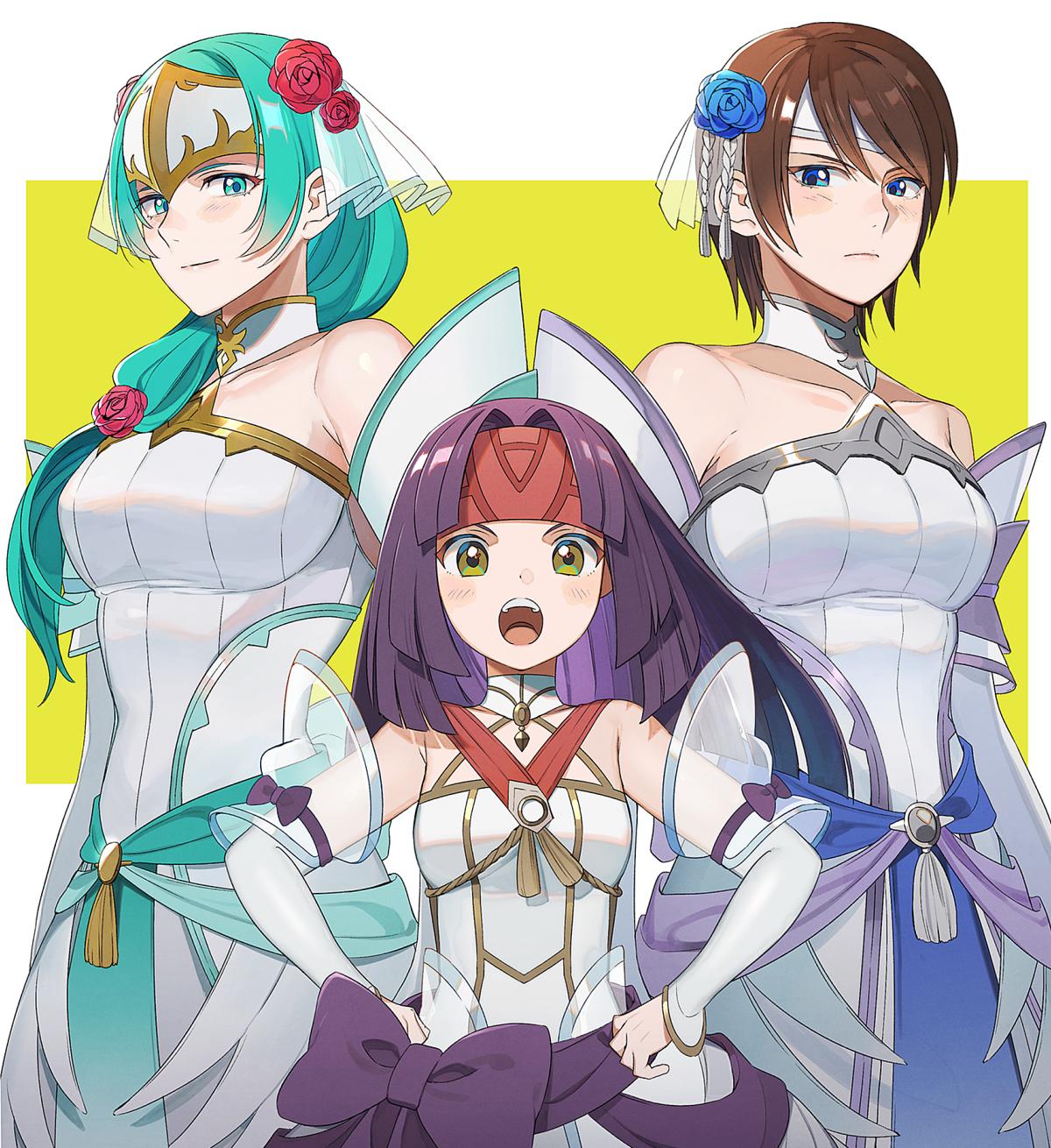 3girls, :o, bare_shoulders, blue_eyes, blush, bow, breasts, bride_(fire_emblem)