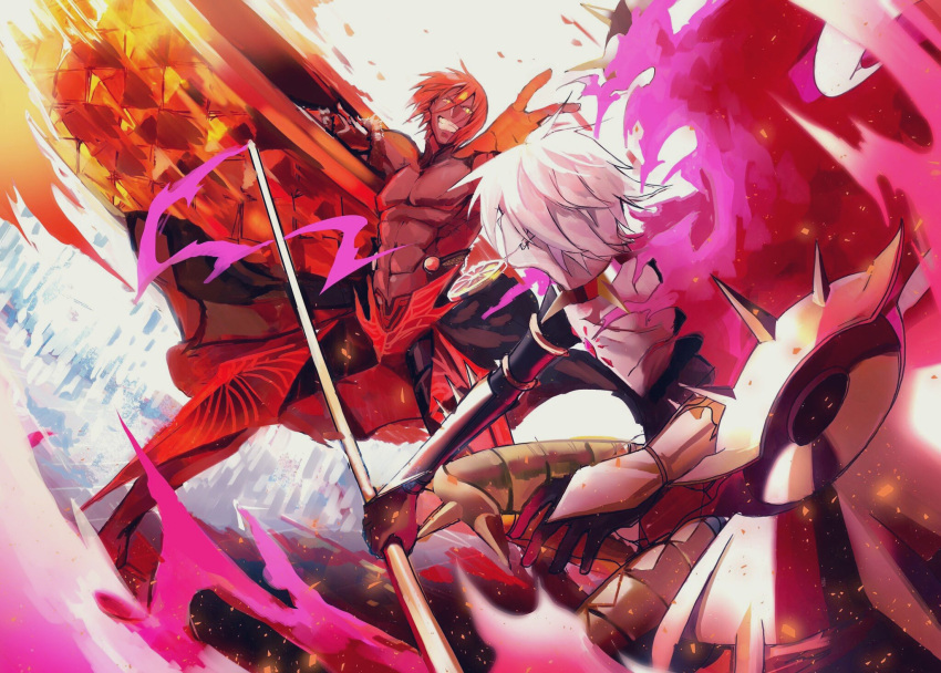 2boys, armor, ashwatthama_(fate/grand_order), battle, black_bodysuit, black_gloves, bodysuit, choker