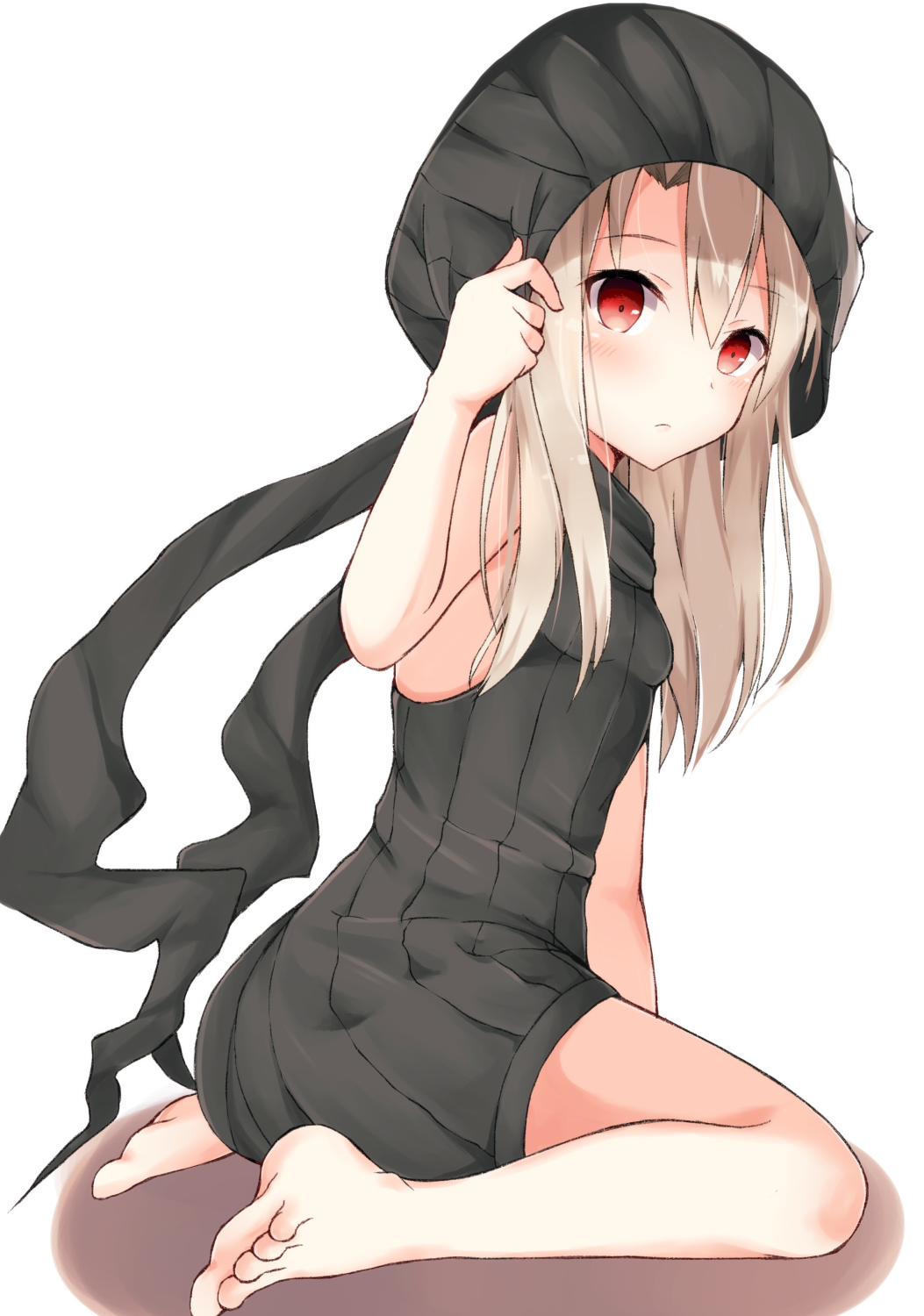 1girl, bangs, bare_arms, bare_shoulders, barefoot, black_jumpsuit, blush, closed_mouth