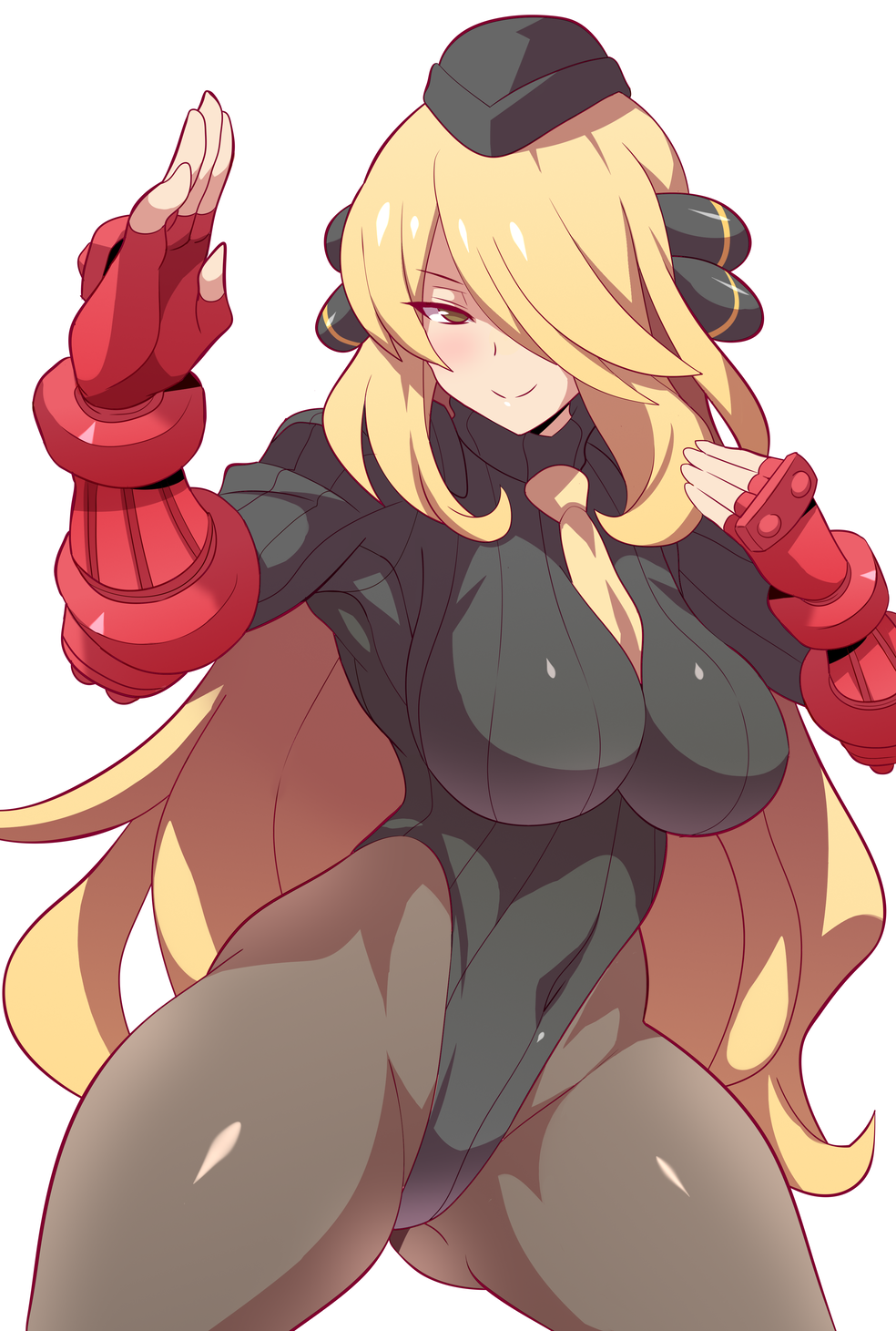 1girl, ass_visible_through_thighs, between_breasts, black_legwear, blonde_hair, blush, breasts, brown_eyes, cammy_white, cammy_white_(cosplay), cosplay, covered_navel, fingerless_gloves, gloves, hair_over_one_eye, hat, highres, konno_tohiro, long_hair, looking_at_viewer, necktie, necktie_between_breasts, pantyhose, pokemon, pokemon_(game), pokemon_bw, red_gloves, shirona_(pokemon), simple_background, smile, solo, street_fighter, very_long_hair, white_background