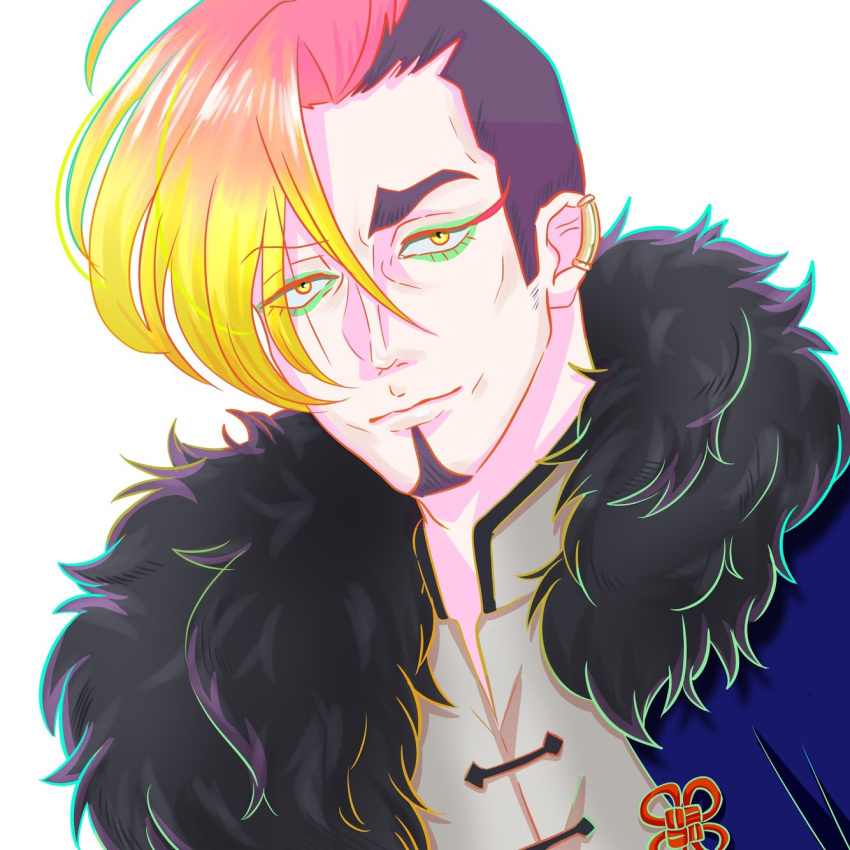 1boy, black_hair, blonde_hair, earrings, eyeshadow, facial_hair, fur_scarf, gradient_hair