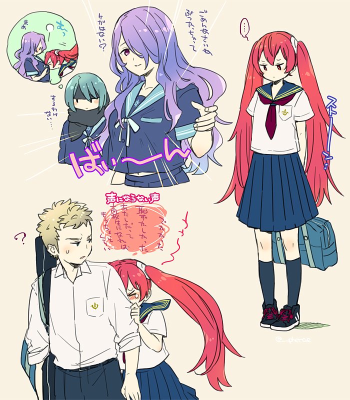 1boy, 4girls, alternate_costume, arms_behind_back, bag, beruka_(fire_emblem), blonde_hair, blue_hair, blue_skirt, camilla_(fire_emblem), camilla_(fire_emblem_if), closed_mouth, fire_emblem, fire_emblem_fates, fire_emblem_heroes, fire_emblem_if, guttary, hair_over_one_eye, headband, holding, intelligent_systems, long_hair, multiple_girls, nintendo, odin_(fire_emblem), purple_hair, red_eyes, redhead, scarf, school_bag, school_uniform, selena_(fire_emblem_fates), shoes, short_hair, short_sleeves, simple_background, skirt, smile, socks, twintails, violet_eyes, white_background
