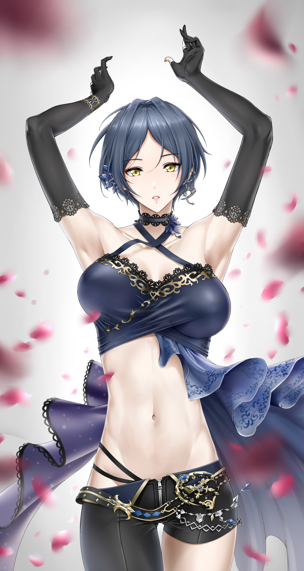 1girl, :o, armpits, arms_up, asymmetrical_legwear, bangs, black_pants, black_shorts