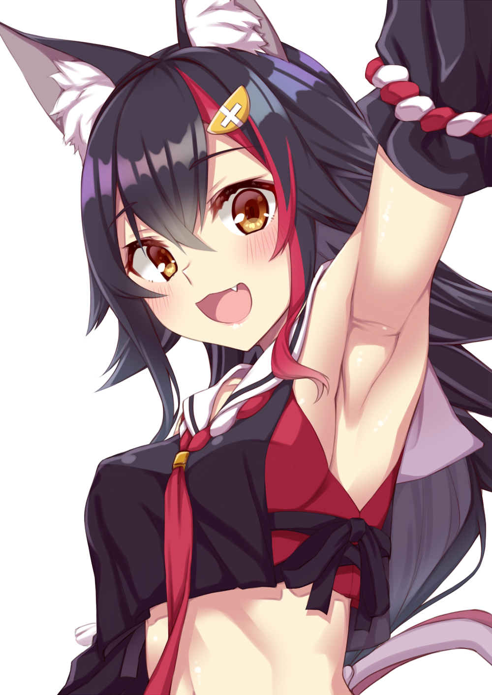 1girl, :d, animal_ear_fluff, animal_ears, arm_up, armpits, bare_shoulders, black_hair