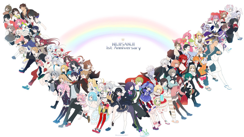 2others, 6+boys, 6+girls, absurdres, achikita_chinami, akabane_youko, amemori_sayo, animal_ears, anniversary, asuka_hina, azuchi_momo, belmond_banderas, commentary, debidebi_debiru, dola_(nijisanji), elu_(nijisanji), everyone, from_side, full_body, fumino_tamaki, fushimi_gaku, gilzaren_iii, glasses, gundou_mirei, hanabatake_chaika, harusaki_air, hassaku_yuzu, highres, higuchi_kaede, honma_himawari, ienaga_mugi, izumo_kasumi_(nijisanji), joe_rikiichi, jumping, kanae_(nijisanji), kanda_shouichi, kataribe_tsumugu, kenmochi_touya, kudou_chitose, kuroi_shiba, kuzuha_(nijisanji), machita_chima, maimoto_keisuke, makaino_ririmu, miyukiyo, moira_(nijisanji), mononobe_alice, morinaka_kazaki, multiple_boys, multiple_girls, multiple_others, nakao_azuma, naruse_naru, naruto_kogane, nijisanji, onomachi_haruka, open_mouth, rainbow, rindou_mikoto, ryuushen, sakura_ritsuki, sasaki_saku, school_uniform, seto_miyako, setsuna_(nijisanji), shibuya_hajime, shiina_yuika, shizuka_rin, simple_background, sister_cleaire, slippers, smile, suzuka_utako, suzuki_masaru, suzuya_aki, takamiya_rion, thigh-highs, todoroki_kyouko, tsukimi_shizuku, tsukino_mito, twitter_username, umiyasha_no_kami, ushimi_ichigo, uzuki_kou, virtual_youtuber, warabeda_meijii, yaguruma_rine, yamiyono_moruru, yashiro_kizuku, yumeoi_kakeru, yuuhi_riri, yuuki_chihiro, yuzuki_roa