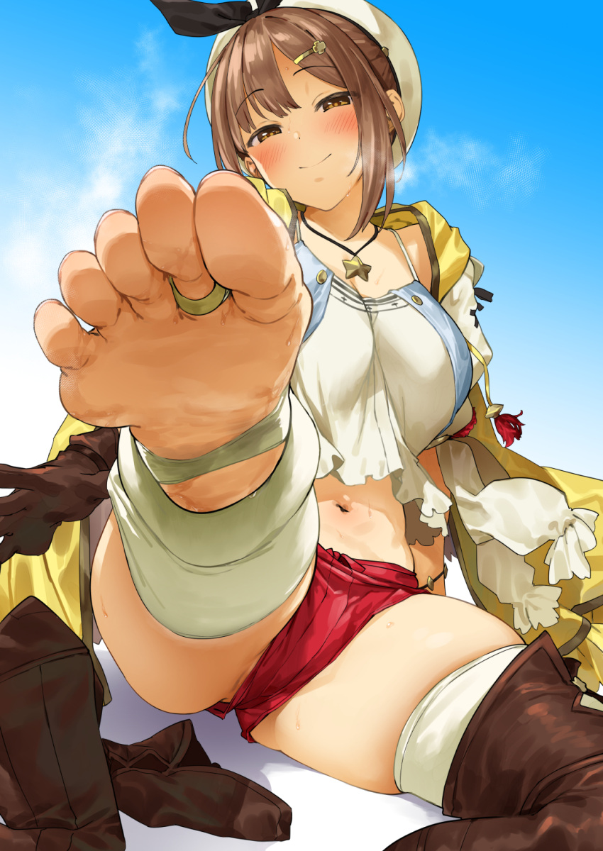 1girl, arm_support, atelier_(series), atelier_ryza, belt, blush, boots, breasts