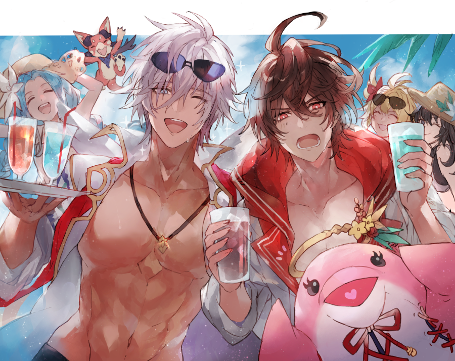 azrael_(granblue_fantasy), blue_eyes, brown_hair, chest, dark_skin, dolphin, granblue_fantasy, harut_(granblue_fantasy)