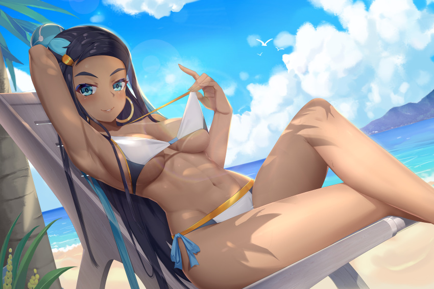 1girl, absurdres, aqua_eyes, aqua_hair, arm_up, armpits, beach, beach_chair