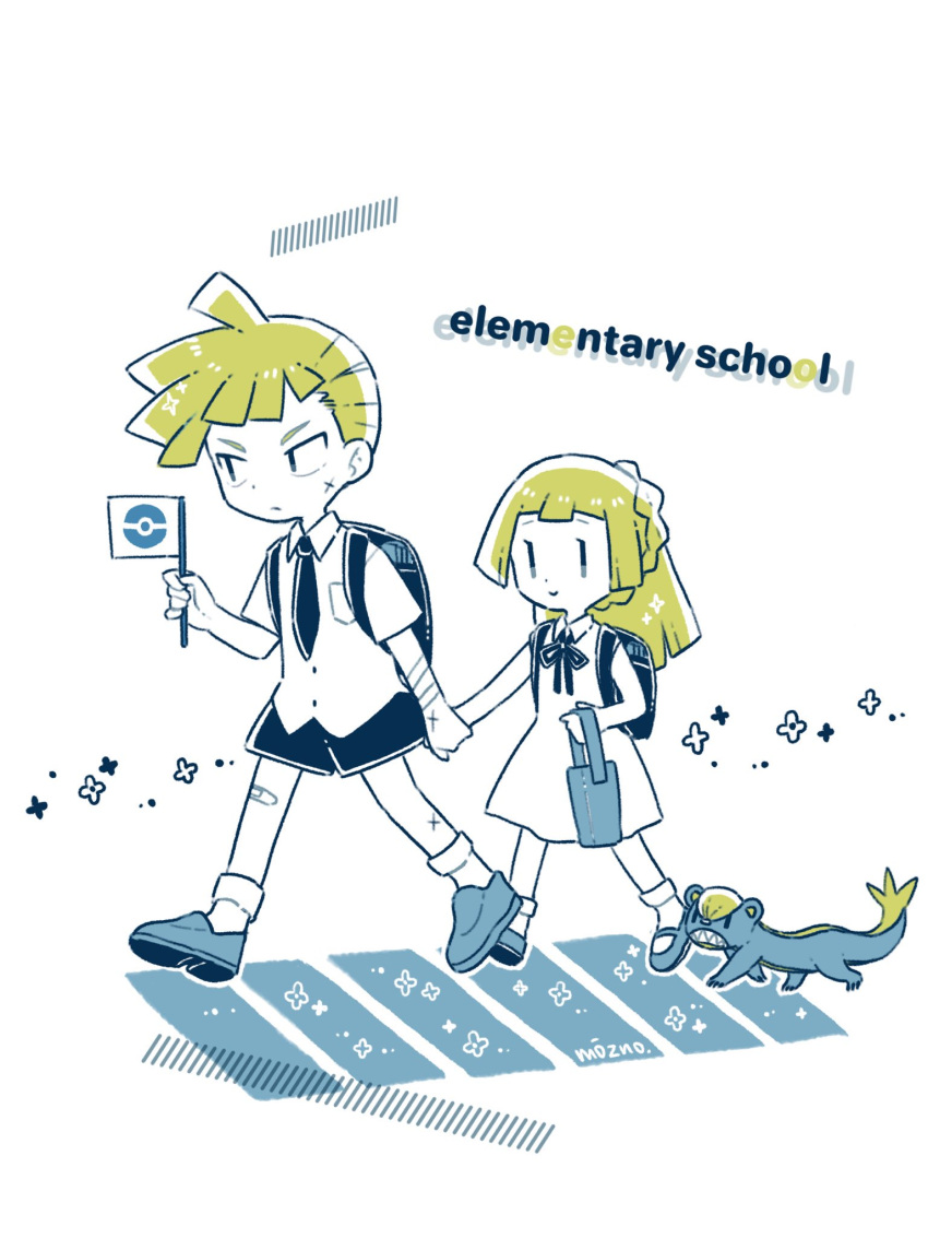 1boy, 1girl, artist_name, backpack, bag, bandaid, blonde_hair, brother_and_sister, closed_mouth, dress, flag, gen_7_pokemon, gladio_(pokemon), highres, holding, holding_flag, holding_hands, lillie_(pokemon), long_hair, mozpoke, necktie, pokemon, pokemon_(creature), pokemon_(game), pokemon_sm, ponytail, scar, shoes, short_hair, short_sleeves, shorts, siblings, smile, socks, younger, yungoos