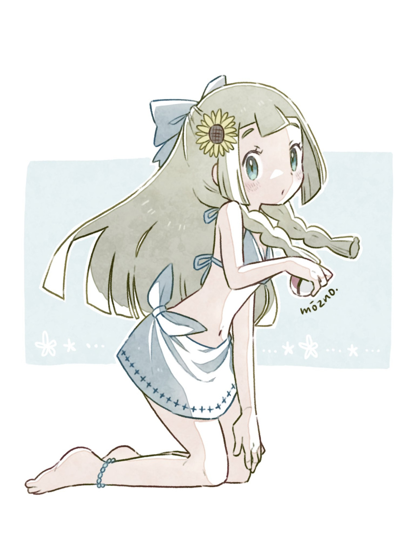 1girl, artist_name, barefoot, bikini, blonde_hair, bow, braid, flower, from_side, full_body, green_eyes, hair_bow, hair_flower, hair_ornament, highres, holding, holding_poke_ball, kneeling, lillie_(pokemon), long_hair, looking_to_the_side, mozpoke, poke_ball, pokemon, pokemon_(game), pokemon_sm, solo, sunflower, swimsuit, twin_braids